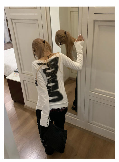 Tonngirls American Retro Print T-shirt Women Long Sleece Button Graphic Tops Y2k Tops 2000s Japanese Grunge Tops E-girls Autumn NovaCart