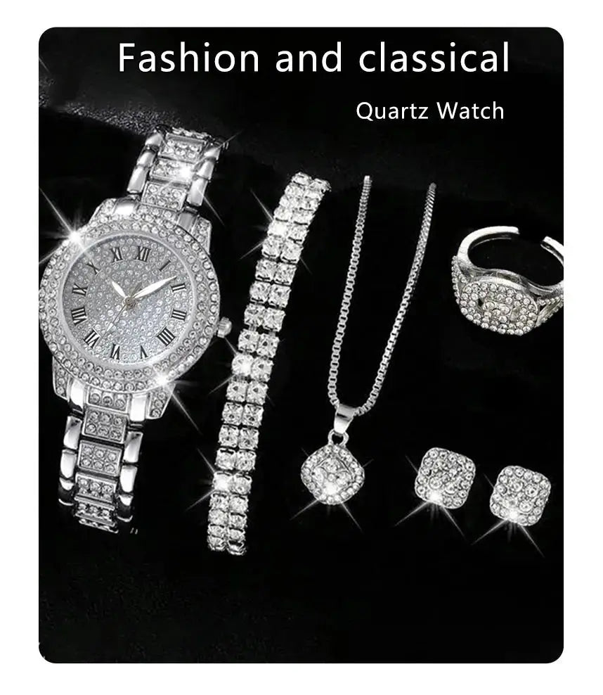 6PCS Women Watch Luxury Elegant Alloy Watch Crystal Wristwatch For Ladies Gift Quartz Watch Alloy Rhinestone Bracelet Montre NovaCart