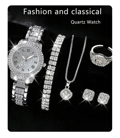 6PCS Women Watch Luxury Elegant Alloy Watch Crystal Wristwatch For Ladies Gift Quartz Watch Alloy Rhinestone Bracelet Montre NovaCart