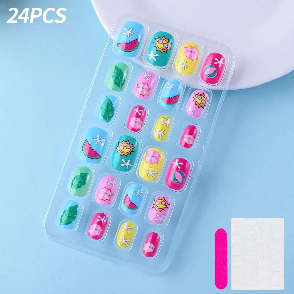 24Pcs/box Kids nails for Girl Cartoon Pattern False Nail Cute Child Fake Nails Tips Kawaii Acrylic Artificial Press on Nail+Tool NovaCart