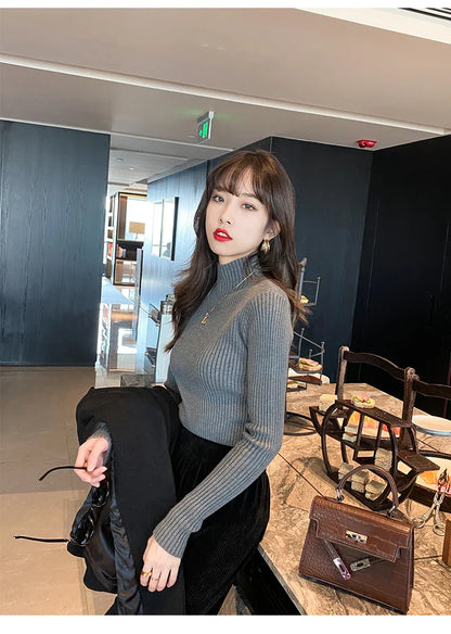 Pullover Long Sleeve Mock Neck Knitted Women Sweater