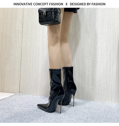 Knee-High Pointy Toe Women Boots 13cm Ultra Thin Steel High Heels Metal Heel Patent Leather Wide Calf Boots for Women Plus Size NovaCart