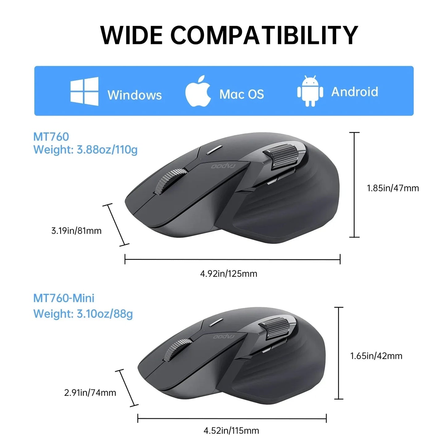 Rapoo MT760L/MT760M Multi-mode Rechargeable Wireless Mouse Ergonomic 4000 DPI Support Up to 4 Devices Bluetooth Mouse Pi-Mart