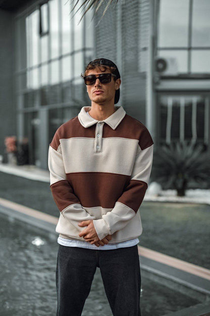 Shirt Collar Two-Toned Buttoned Sweatshirt - Stylish and Comfortable Design Withinblack