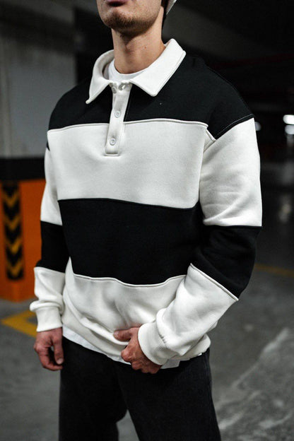 Shirt Collar Two-Toned Buttoned Sweatshirt - Stylish and Comfortable Design Withinblack
