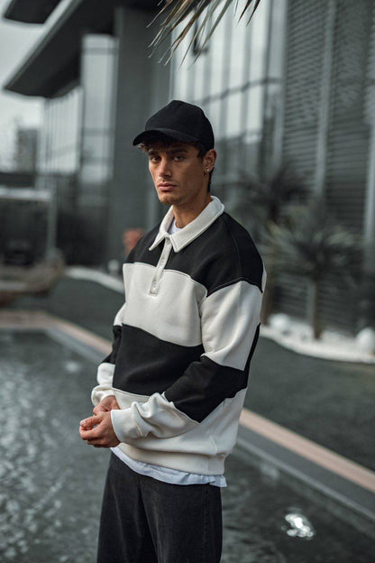 Shirt Collar Two-Toned Buttoned Sweatshirt - Stylish and Comfortable Design Withinblack