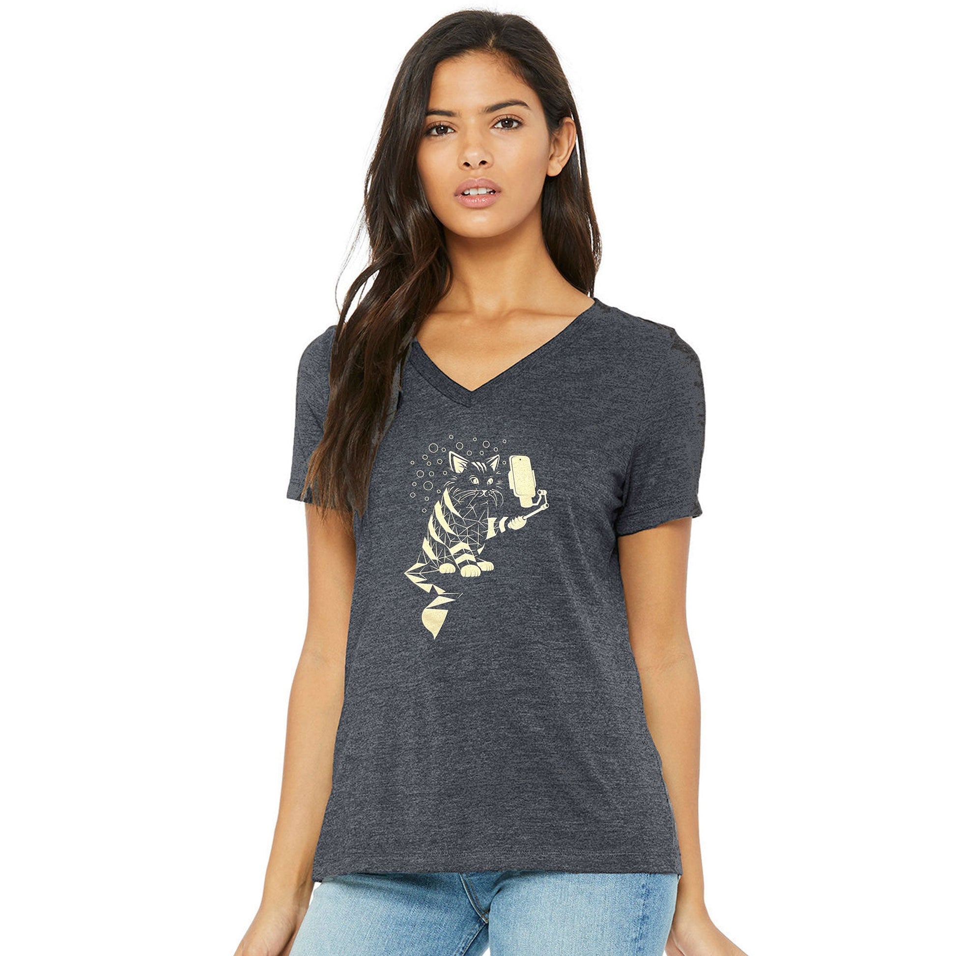 Snap Cat Womens V-neck T-shirt STORY SPARK