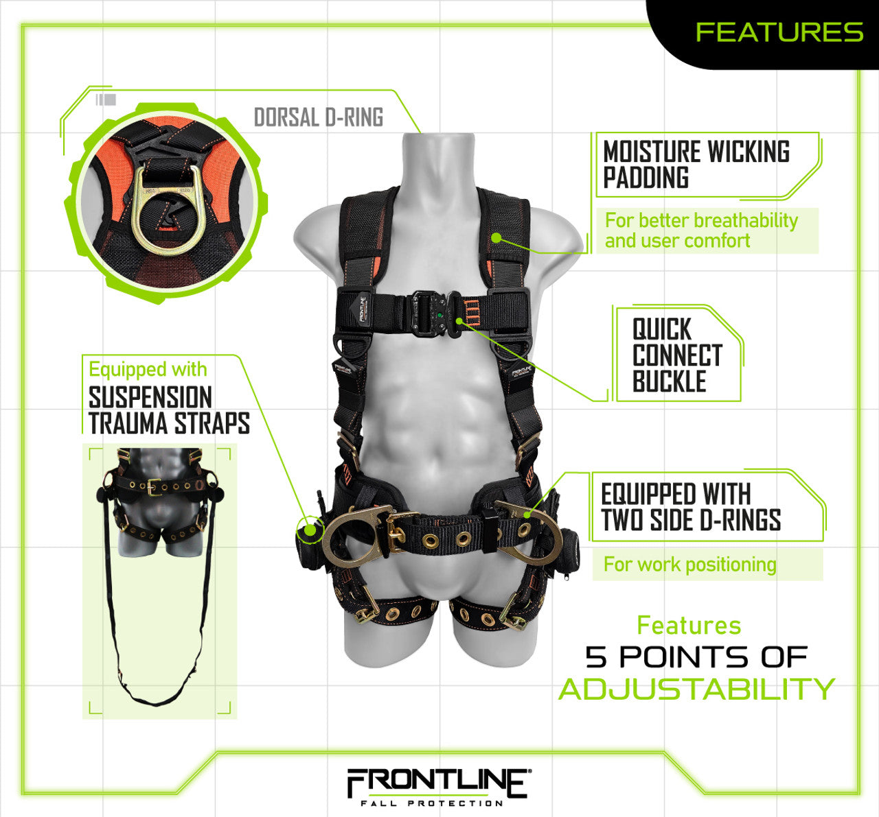 Frontline 100CTB Combat Construction Full Body Harness with Tongue Buckle Legs and Trauma Straps XL/2X VM Hardware