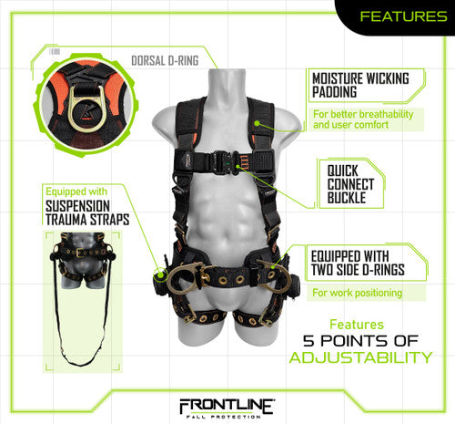 Frontline 100CTB Combat Construction Full Body Harness with Tongue Buckle Legs and Trauma Straps S VM Hardware
