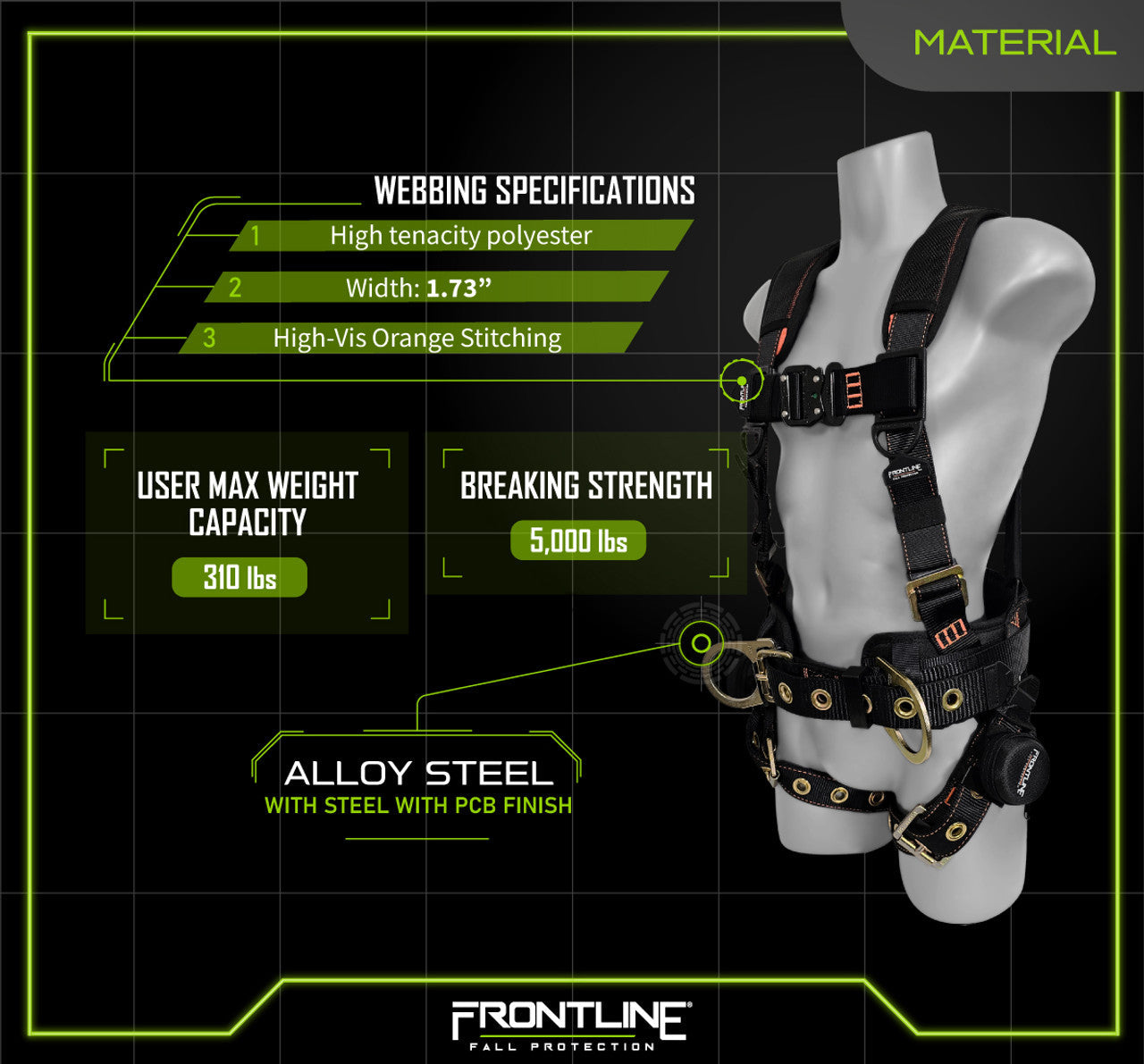 Frontline 100CTB Combat Construction Full Body Harness with Tongue Buckle Legs and Trauma Straps S VM Hardware