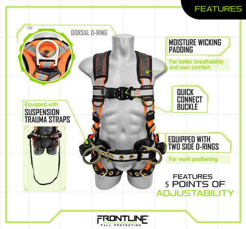 Frontline 100RCTB Combat Reflective Construction Full Body Harness with Tongue Buckle Legs and Trauma Straps 3X/4X VM Hardware