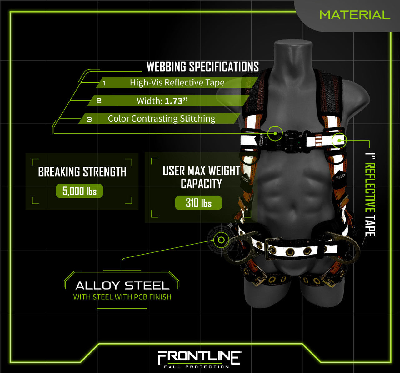 Frontline 100RCTB Combat Reflective Construction Full Body Harness with Tongue Buckle Legs and Trauma Straps M/L VM Hardware