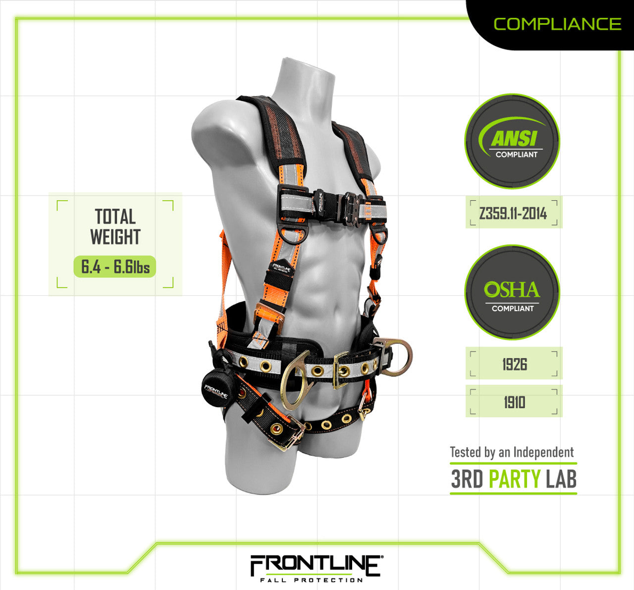 Frontline 100RCTB Combat Reflective Construction Full Body Harness with Tongue Buckle Legs and Trauma Straps S VM Hardware