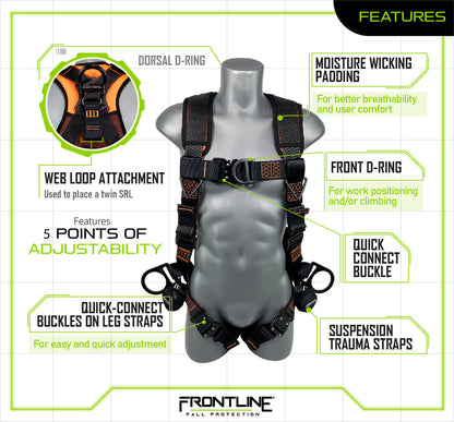 Frontline 105CFTB Combat Vest Style Harness with Front Side D-Rings and Suspension Trauma Straps Universal VM Hardware