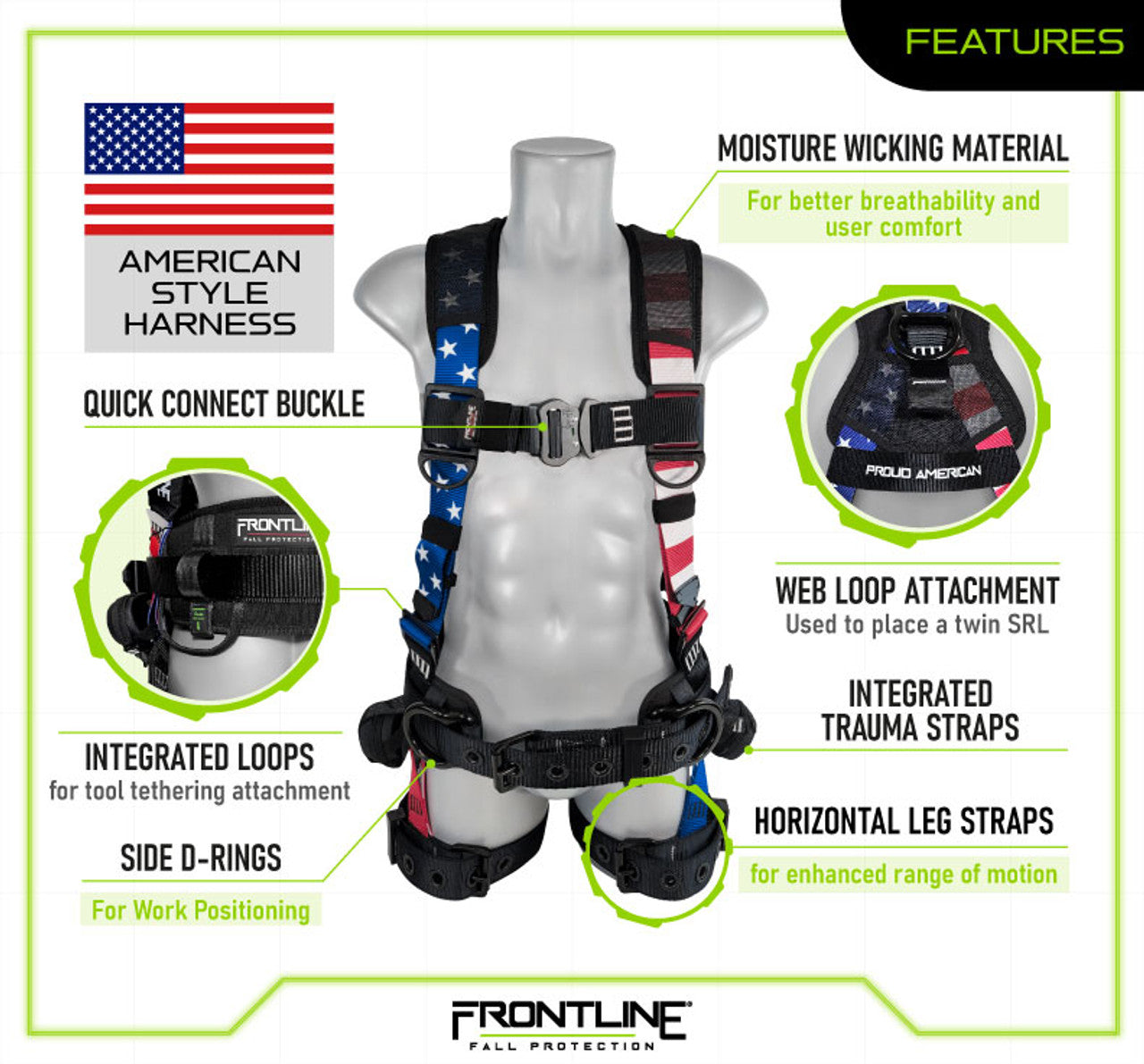 Frontline 110CTB-AM American Style Full Body Harness with Aluminum Hardware and Suspension Trauma Straps S VM Hardware