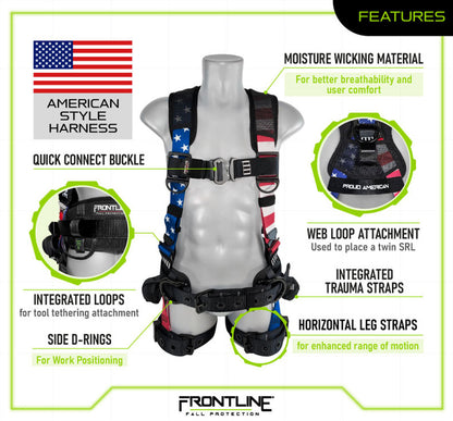 Frontline 110CTB-AM American Style Full Body Harness with Aluminum Hardware and Suspension Trauma Straps S VM Hardware