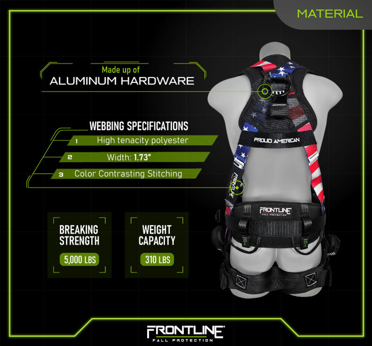 Frontline 110CTB-AM American Style Full Body Harness with Aluminum Hardware and Suspension Trauma Straps M/L VM Hardware