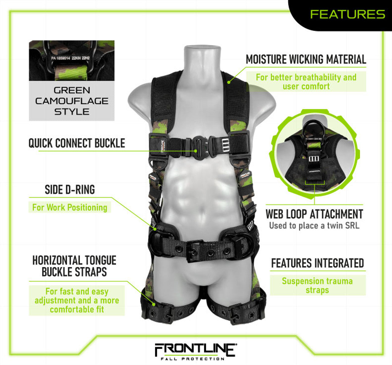 Frontline 110CTB-CF Camouflage Full Body Harness with Aluminum Hardware and Suspension Trauma Straps M/L VM Hardware