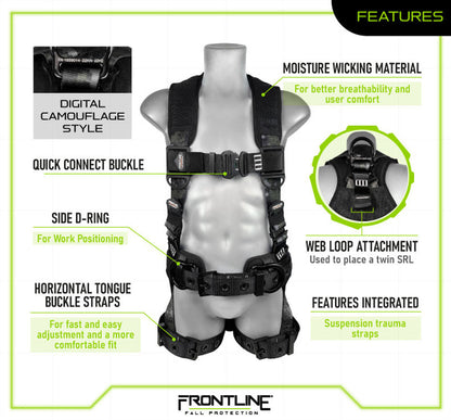 Frontline 110CTB-DC Digital Camo Full Body Harness with Aluminum Hardware and Suspension Trauma Straps XL/2X VM Hardware