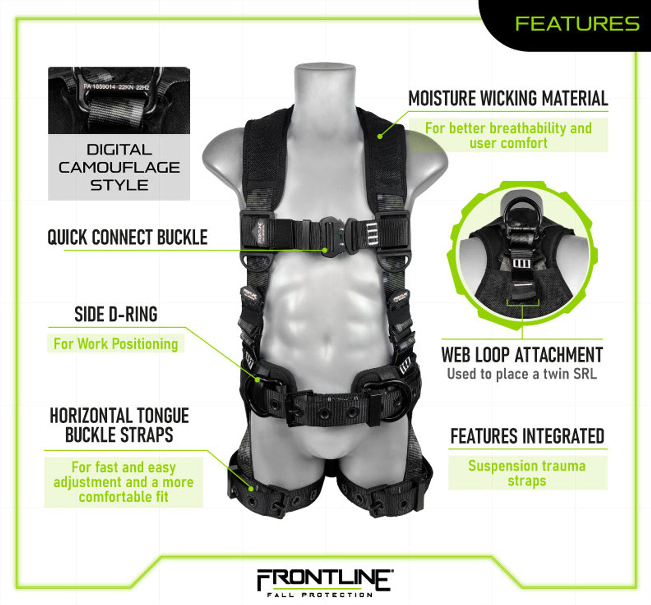 Frontline 110CTB-DC Digital Camo Full Body Harness with Aluminum Hardware and Suspension Trauma Straps S VM Hardware