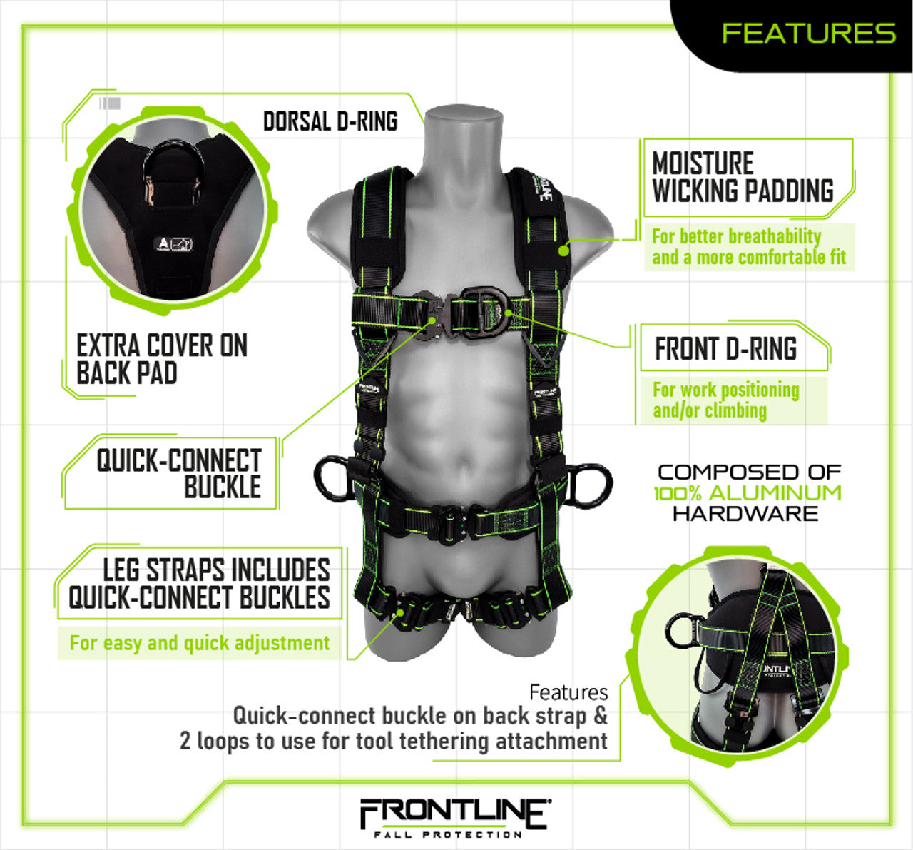 Frontline 200RE Elite Lite Climbing/Rescue Full Body Harness with Aluminum Quick Connect Buckles Universal VM Hardware