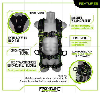 Frontline 200RE Elite Lite Climbing/Rescue Full Body Harness with Aluminum Quick Connect Buckles Universal VM Hardware