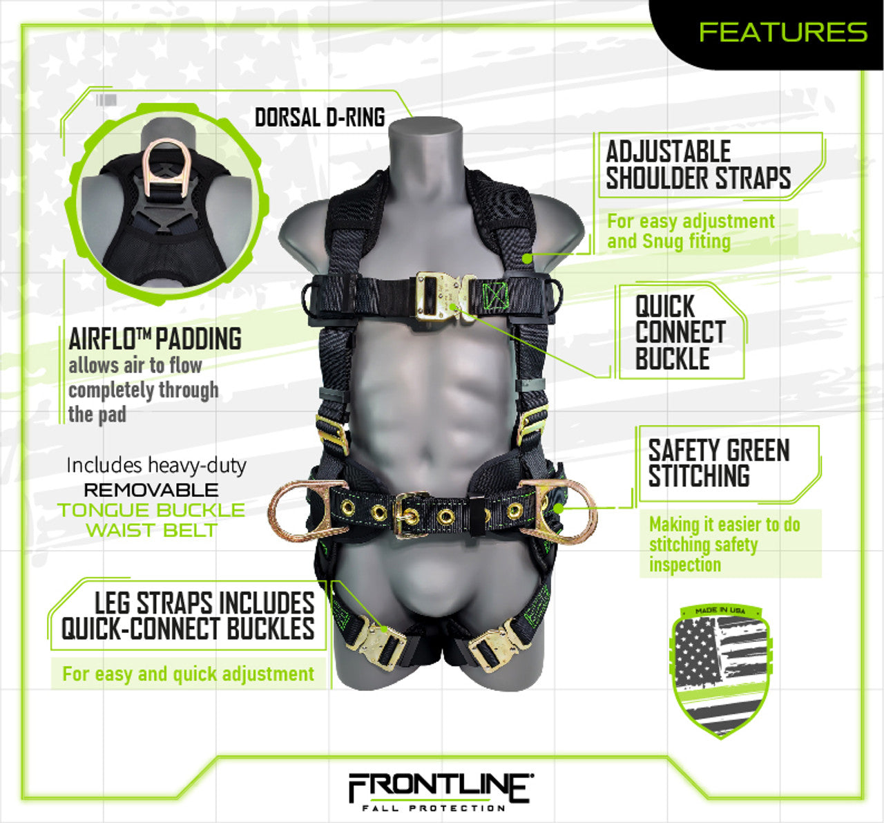 Frontline 350CQC Patriot Construction Harness with Airflo and Quick Connect Buckles - Made in USA Universal VM Hardware