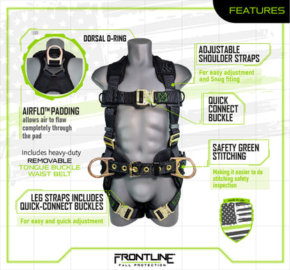 Frontline 350CQC Patriot Construction Harness with Airflo and Quick Connect Buckles - Made in USA Universal VM Hardware