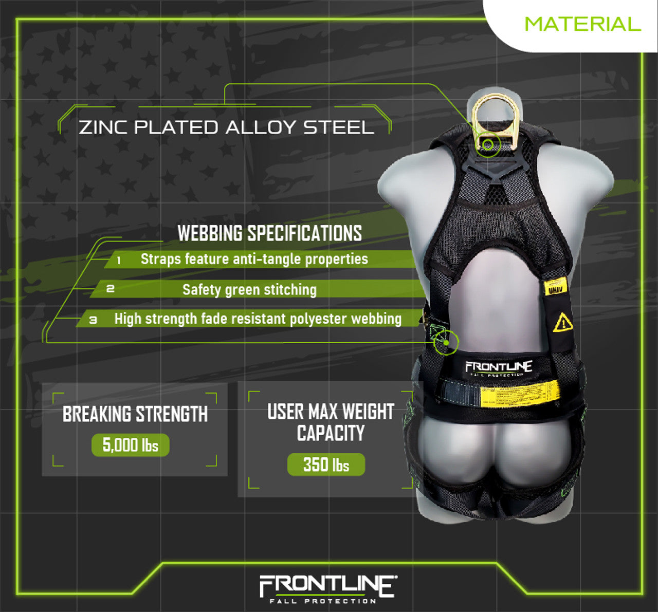 Frontline 350CQC Patriot Construction Harness with Airflo and Quick Connect Buckles - Made in USA 2XL VM Hardware