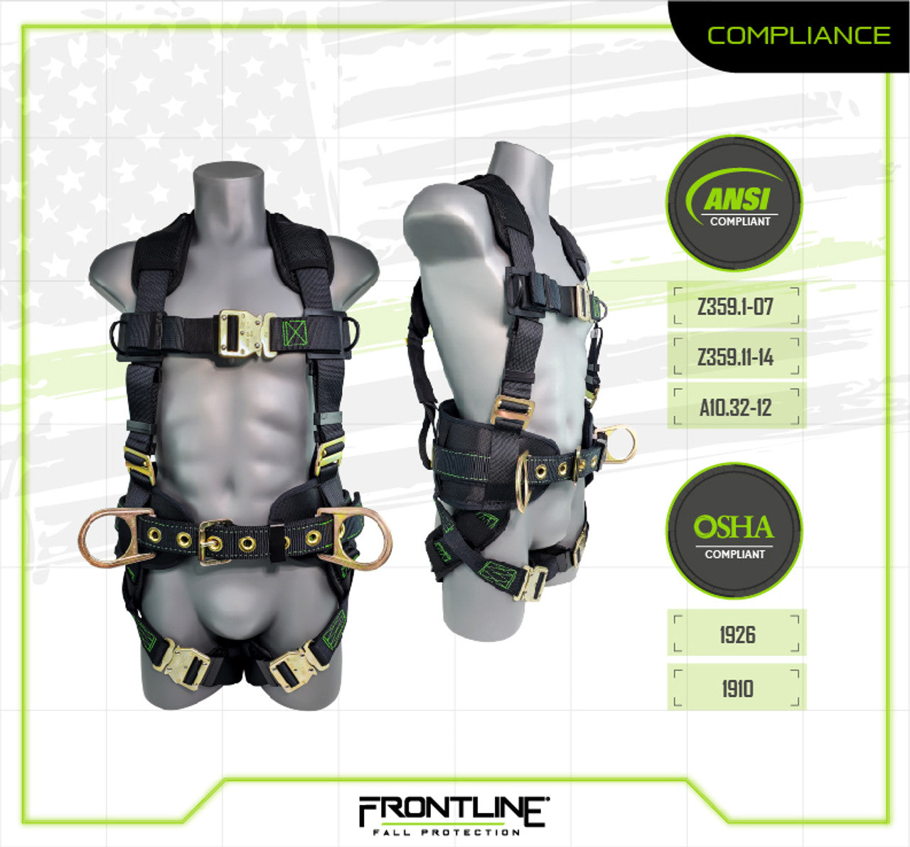 Frontline 350CQC Patriot Construction Harness with Airflo and Quick Connect Buckles - Made in USA 2XL VM Hardware