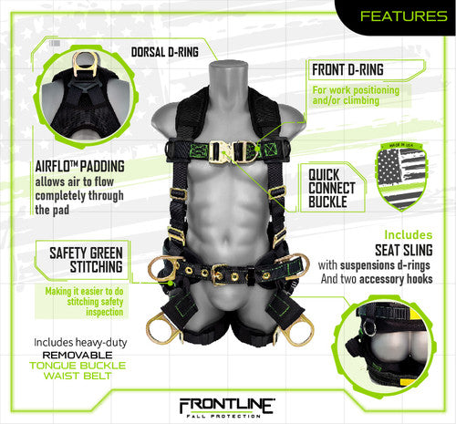 Frontline 350TWQC Patriot Tower Climbing Harness with Seat Sling, Airflo and Quick Connect Buckles - Made in USA 2XL VM Hardware