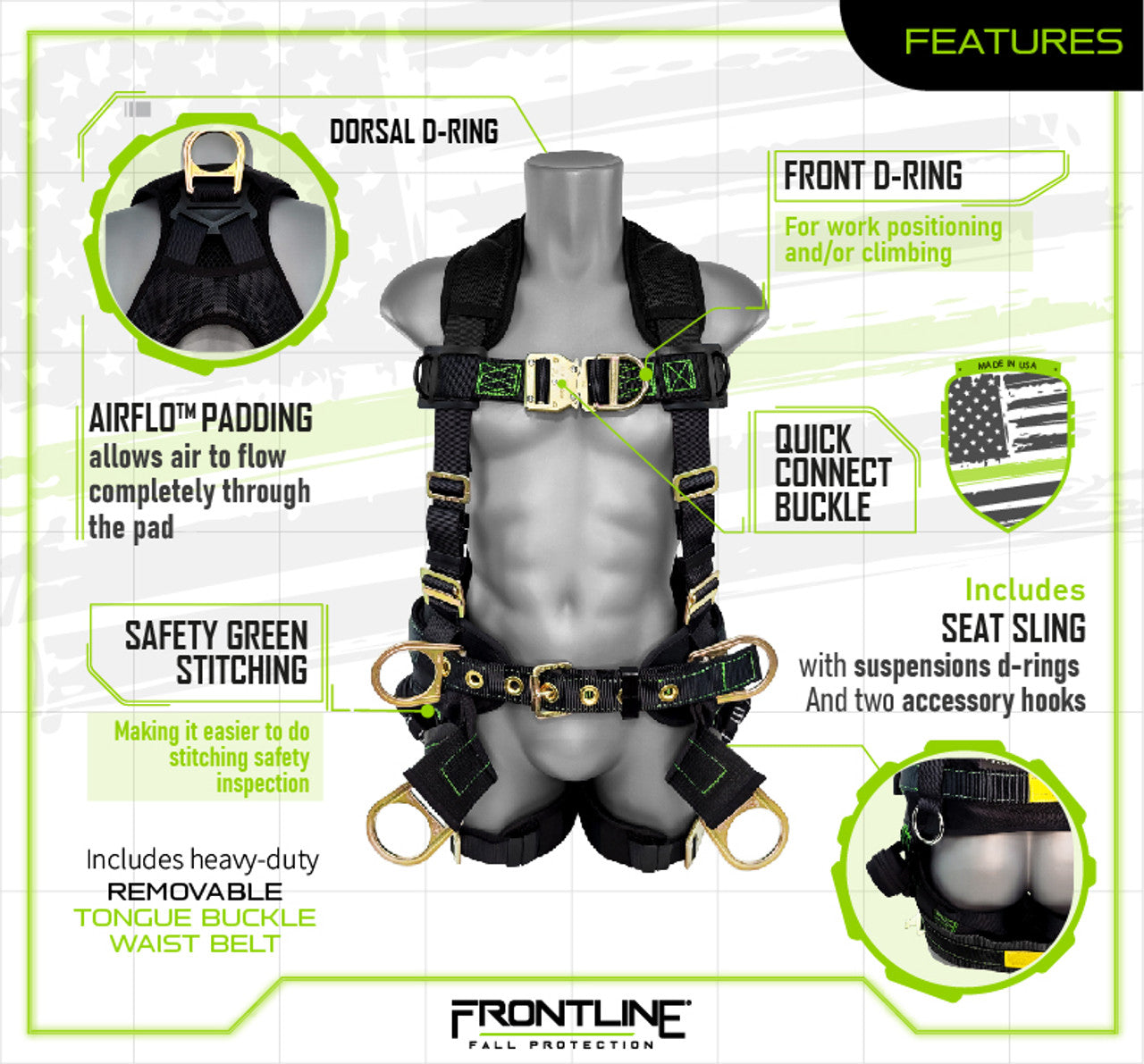 Frontline 350TWQC Patriot Tower Climbing Harness with Seat Sling, Airflo and Quick Connect Buckles - Made in USA Universal VM Hardware