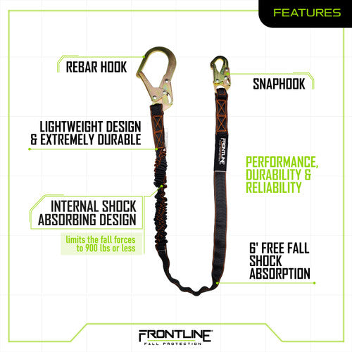 Frontline LIS61R Combat 6' Single Leg Rebar Hook End Lanyard with Internal Shock Absorber VM Hardware