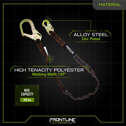 Frontline LIS61R Combat 6' Single Leg Rebar Hook End Lanyard with Internal Shock Absorber VM Hardware