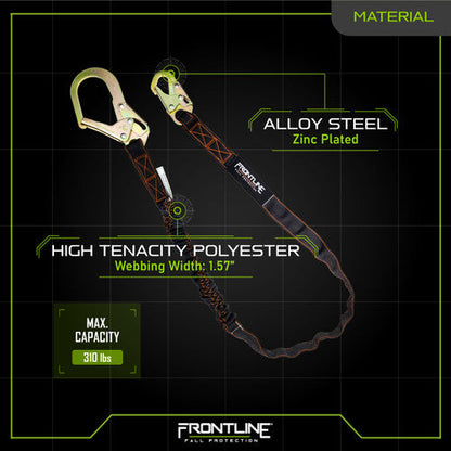 Frontline LIS61R Combat 6' Single Leg Rebar Hook End Lanyard with Internal Shock Absorber VM Hardware