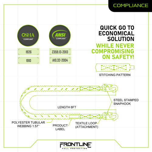 Frontline LIS61S Combat 6' Single Leg Snaphook Lanyard with Internal Shock Absorber VM Hardware