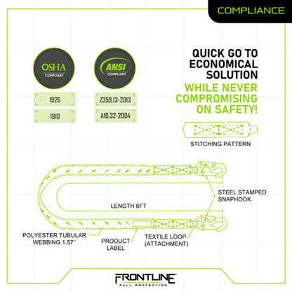 Frontline LIS61S Combat 6' Single Leg Snaphook Lanyard with Internal Shock Absorber VM Hardware