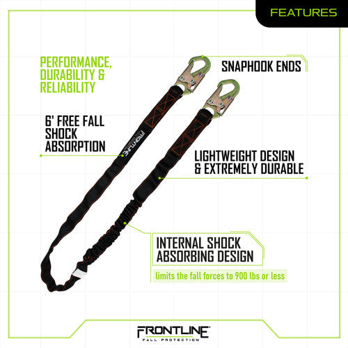 Frontline LIS61S Combat 6' Single Leg Snaphook Lanyard with Internal Shock Absorber VM Hardware
