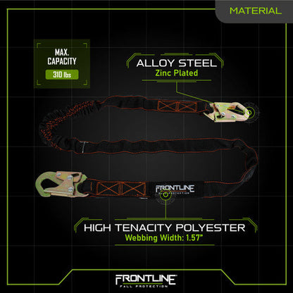 Frontline LIS61S Combat 6' Single Leg Snaphook Lanyard with Internal Shock Absorber VM Hardware