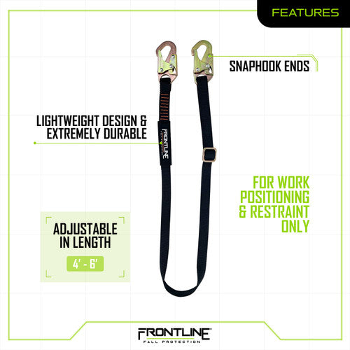 Frontline LPO61SADJ Combat 6' Positioning Adjustable Restraint Lanyard VM Hardware