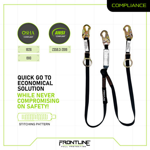 Frontline LPO62SADJ Combat 6' Tie-Back Double Leg Shock Absorbing Lanyard with Snaphooks VM Hardware