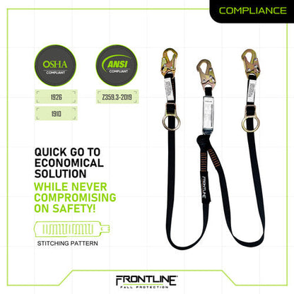 Frontline LPO62SADJ Combat 6' Tie-Back Double Leg Shock Absorbing Lanyard with Snaphooks VM Hardware