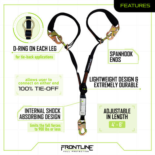 Frontline LPO62SADJ Combat 6' Tie-Back Double Leg Shock Absorbing Lanyard with Snaphooks VM Hardware