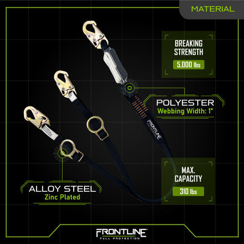 Frontline LPO62SADJ Combat 6' Tie-Back Double Leg Shock Absorbing Lanyard with Snaphooks VM Hardware