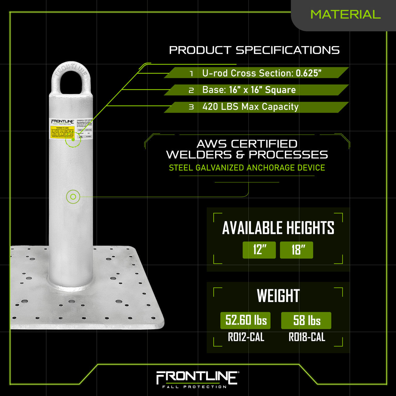 Frontline Commercial Roof Anchor CAL-OSHA Compliant 12" VM Hardware