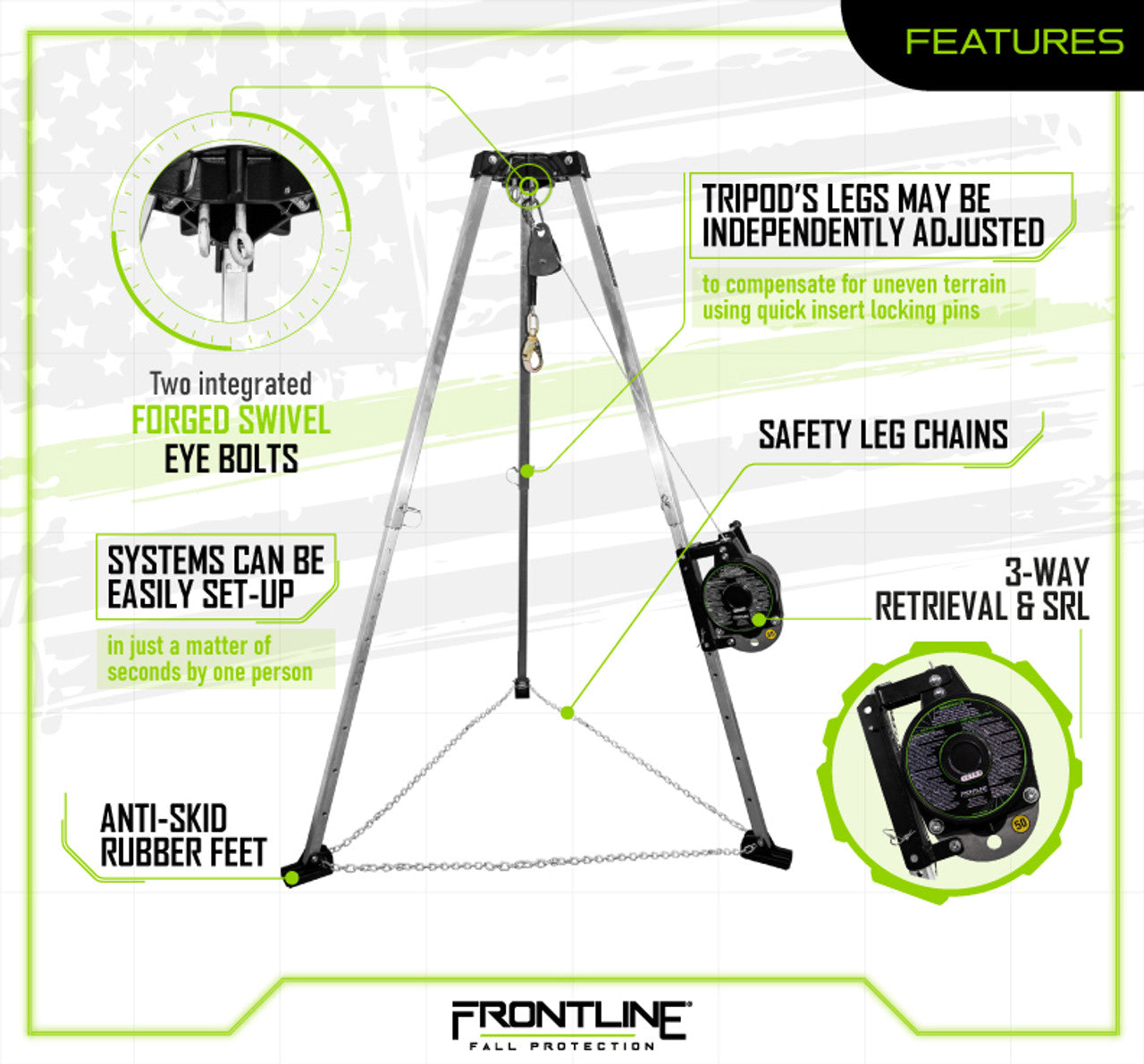 Frontline TAN07RA-US Patriot 7' Confined Space Tripod with 3-Way Retrieval System - Made in USA VM Hardware