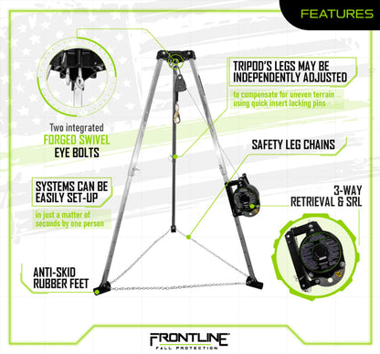 Frontline TAN07RA-US Patriot 7' Confined Space Tripod with 3-Way Retrieval System - Made in USA VM Hardware