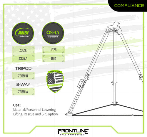 Frontline TAN07RA-US Patriot 7' Confined Space Tripod with 3-Way Retrieval System - Made in USA VM Hardware