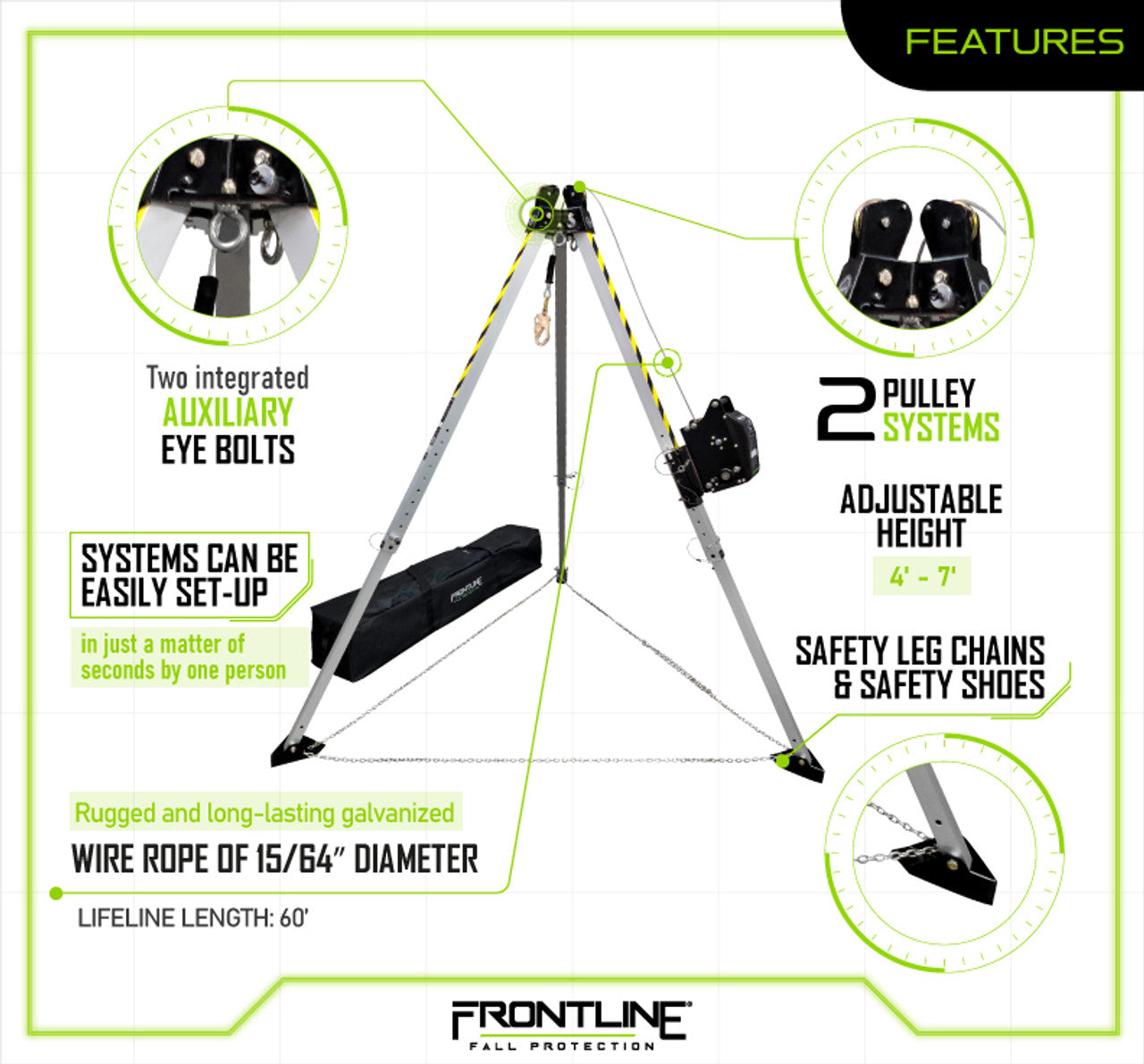 Frontline TAN07RU MEGApod Confined Space Kit 7' Aluminum Tripod with 60' Winch VM Hardware