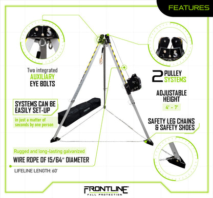 Frontline TAN07RU MEGApod Confined Space Kit 7' Aluminum Tripod with 60' Winch VM Hardware